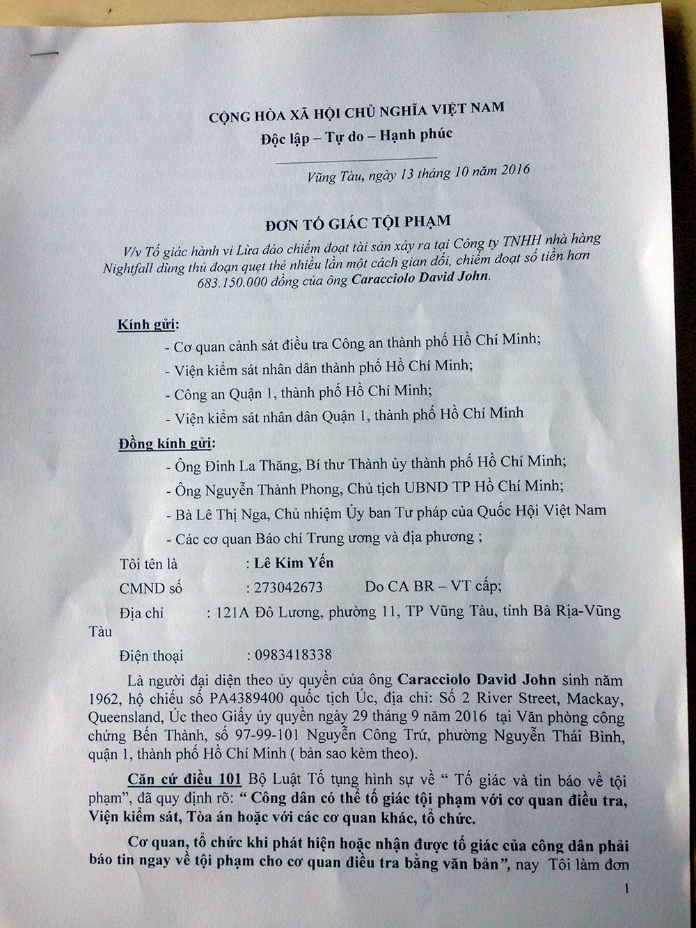 Đơn tố giác tội phạm và yêu cầu khởi tố.